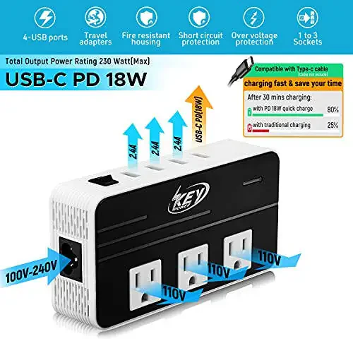Key Power 230-Watt Step Down 220V to 110V Voltage Converter & International Travel Adapter/Power Converter with USB-C Port 18W - [Use for USA Appliance Overseas in Europe, AU, UK, Ireland, etc.] - 3