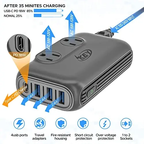 Key Power Converter, 220V to 110V, Step Down Voltage Converter & Power Adapter, International Travel, USB-C & USB-A, Type E/F/I/A/G/D, 230-Watt, Grey - Key Power (1)