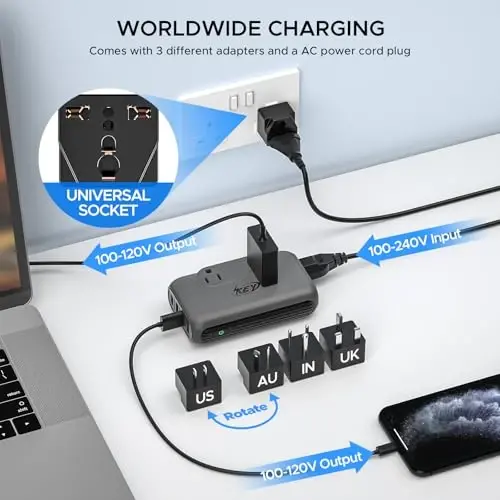 Key Power Converter, 220V to 110V, Step Down Voltage Converter & Power Adapter, International Travel, USB-C & USB-A, Type E/F/I/A/G/D, 230-Watt, Grey - 5