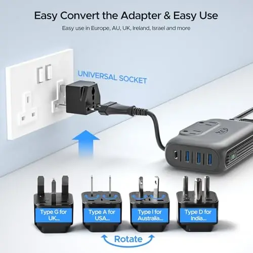 Key Power Converter, 220V to 110V, Step Down Voltage Converter & Power Adapter, International Travel, USB-C & USB-A, Type E/F/I/A/G/D, 230-Watt, Grey - 7
