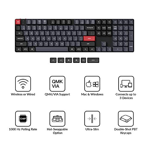 Keychron K5 Pro Issiq almashtiriladigan Ultra yupqa Maxsus Mexanik Klaviatura, RGB To'liq Hajmli QMK/VIA Dasturlash mumkin bo'lgan Simsiz Bluetooth/USB Simli Klaviatura Mac Windows Linux uchun - Past Profil Gateron Qizil Tugma - 7