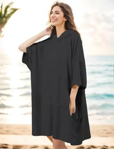 KFUBUO Surf Poncho Changing Towel Swim Robe with Pocket Plus Size Terry Cloth Swim Cover Up for Women Towel Poncho Hoodie - 7