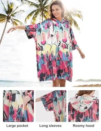 KFUBUO Surf Poncho Changing Towel Swim Robe with Pocket Plus Size Terry Cloth Swim Cover Up for Women Towel Poncho Hoodie - 4