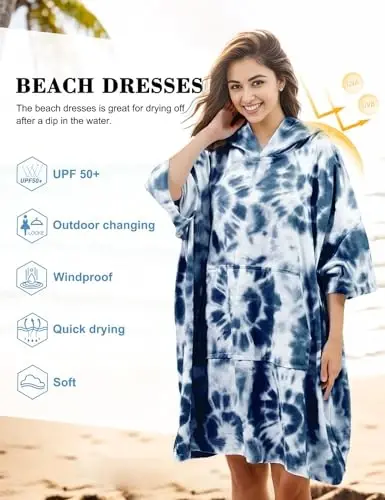 KFUBUO Surf Poncho Changing Towel Swim Robe with Pocket Plus Size Terry Cloth Swim Cover Up for Women Towel Poncho Hoodie - 5