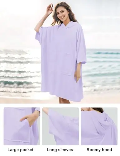 KFUBUO Surf Poncho Changing Towel Swim Robe with Pocket Plus Size Terry Cloth Swim Cover Up for Women Towel Poncho Hoodie - 5