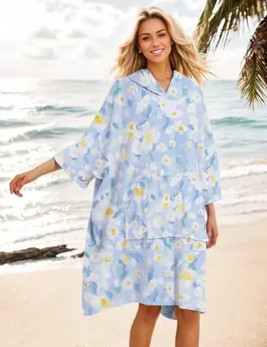 KFUBUO Surf Poncho Changing Towel Swim Robe with Pocket Plus Size Terry Cloth Swim Cover Up for Women Towel Poncho Hoodie - 5