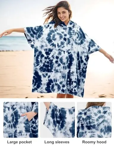 KFUBUO Surf Poncho Almashtirish Sochig'i Cho'milish Xalatasi cho'ntak bilan Plus Size Terry Mato Ayollar uchun Cho'milish Ustki Kiyimi Sochiq Poncho Hoodie - 4