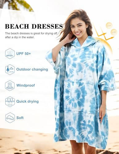 KFUBUO Surf Poncho Changing Towel Swim Robe with Pocket Plus Size Terry Cloth Swim Cover Up for Women Towel Poncho Hoodie - 2