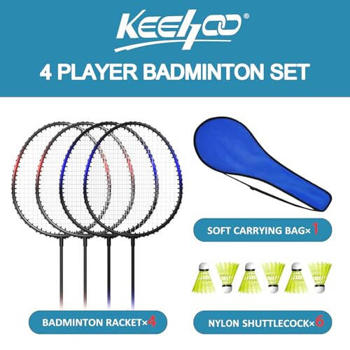 KH Badminton Raketlari To'plami 2-4 Kishilik Kattalar va Bolalar Uchun, Plyaj Gazon Orqa Hovli O'yini Tashqi Sport Turlari, Raketlar, Volanlar va Ko'tarish Sumkasi Kiritilgan - 6