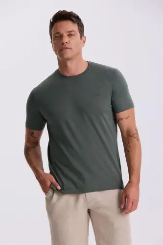 Khaki 100% Cotton Slim Fit Crew Neck Basic T-Shirt 