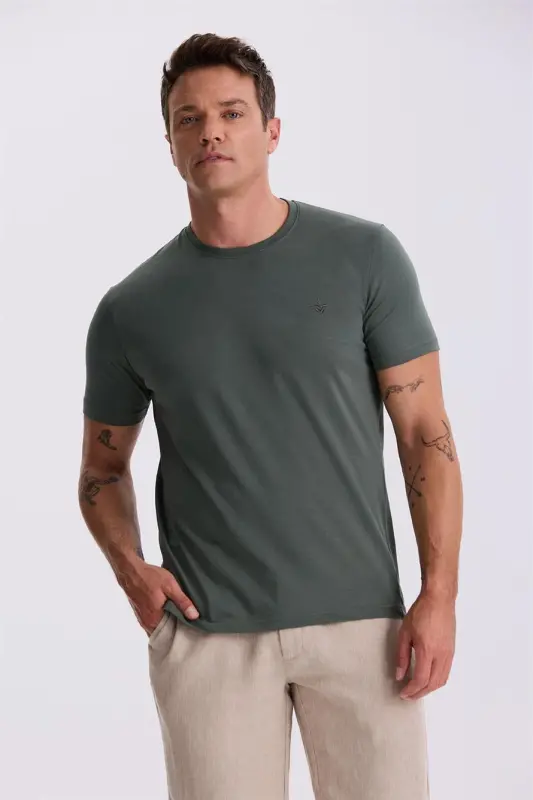 Khaki 100% Cotton Slim Fit Crew Neck Basic T-Shirt - JAKAMEN