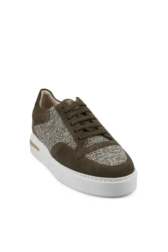 Khaki 100% Leather Sports Stitched Sole Sneaker Shoes - 2