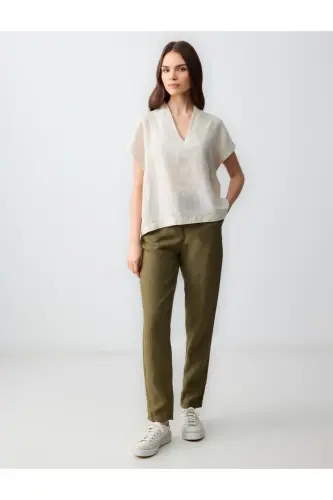 Khaki 100% Linen High Waist Regular Leg Pants-Khaki - 1