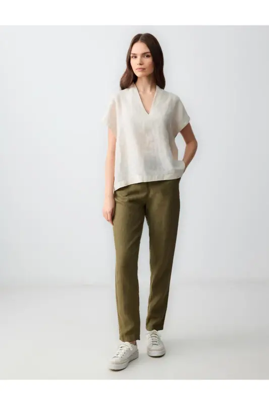 Khaki 100% Linen High Waist Regular Leg Pants-Khaki - 1