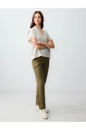 Khaki 100% Linen High Waist Regular Leg Pants-Khaki - 2