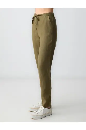 Khaki 100% Linen High Waist Regular Leg Pants-Khaki - 4