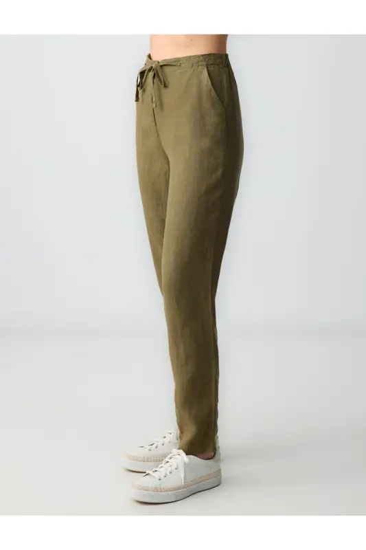 Khaki 100% Linen High Waist Regular Leg Pants-Khaki - 4