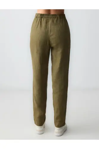 Khaki 100% Linen High Waist Regular Leg Pants-Khaki - 6