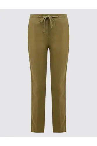 Khaki 100% Linen High Waist Regular Leg Pants-Khaki - 7