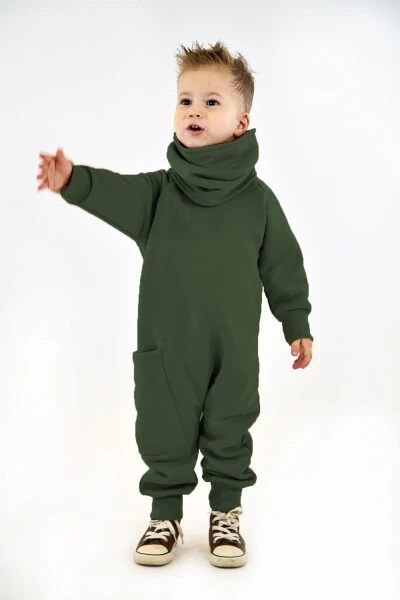 Khaki 3 Thread Brushed Knit Jumpsuit with Back Zipper + Neck Warmer - CATZ KIDS