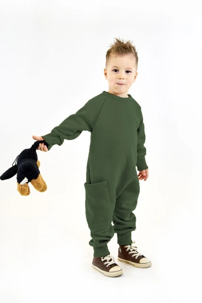 Khaki 3 Thread Brushed Knit Jumpsuit with Back Zipper + Neck Warmer - CATZ KIDS (1)