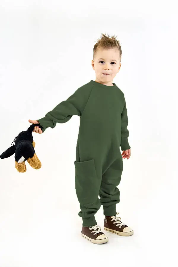 Khaki 3 Thread Brushed Knit Jumpsuit with Back Zipper + Neck Warmer - 2