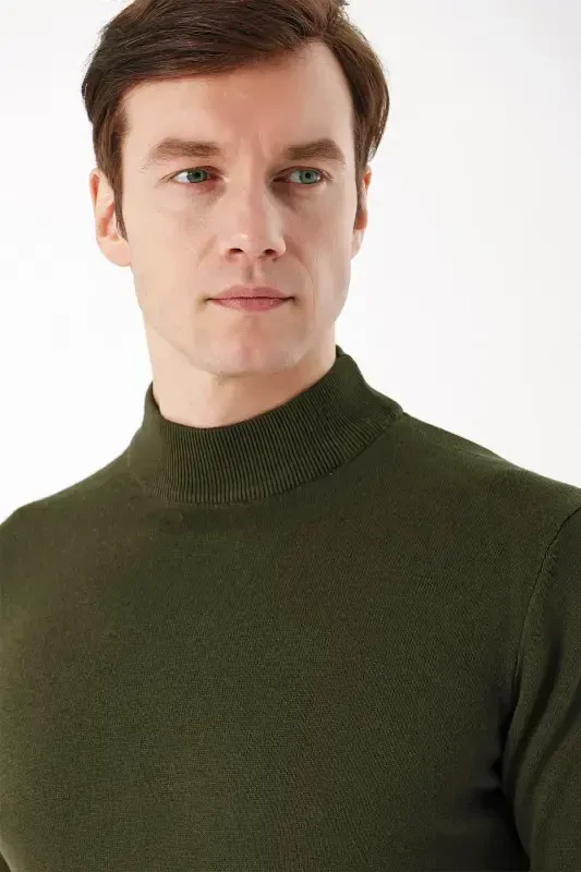 Khaki Basic Dynamic Fit Comfort Fit Half Turtleneck Knit Sweater - 3