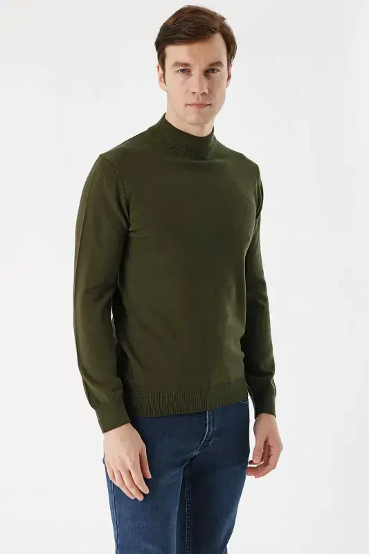 Khaki Basic Dynamic Fit Comfort Fit Half Turtleneck Knit Sweater - 4
