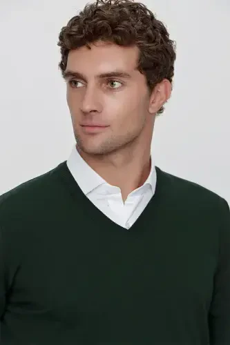 Khaki Basic Dynamic Fit Relaxed Fit V Neck Knit Sweater - 5