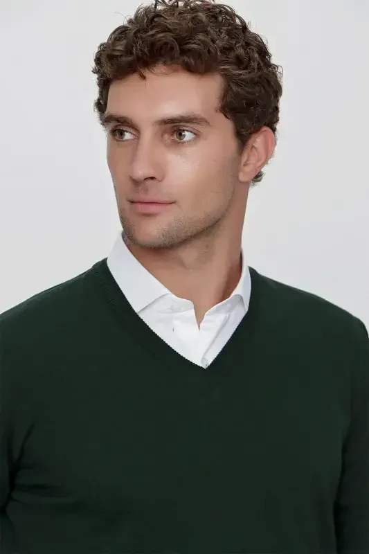 Khaki Basic Dynamic Fit Relaxed Fit V Neck Knit Sweater - 5