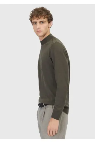 Khaki Bateau Neck Plain Knit Wool Blend Sweater - 3