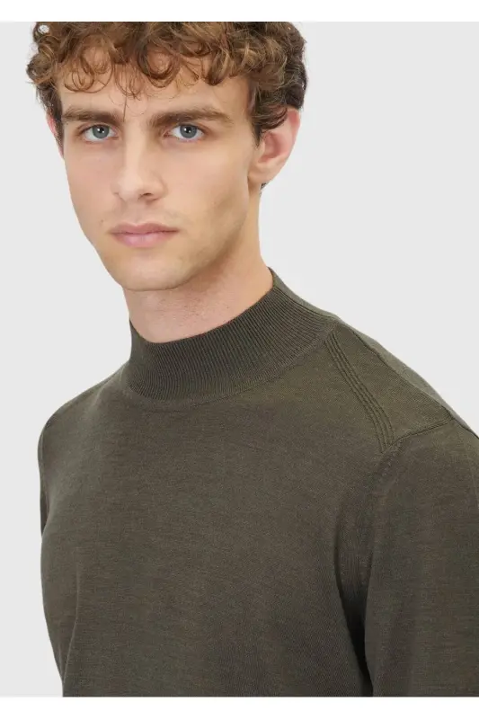Khaki Bateau Neck Plain Knit Wool Blend Sweater - 4