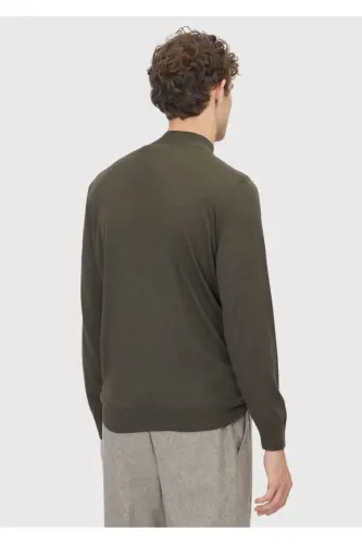 Khaki Bateau Neck Plain Knit Wool Blend Sweater - 5