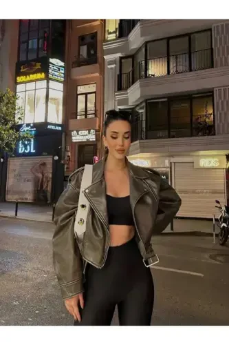 Khaki Belted Oversize Leather Biker Jacket-Green - 1