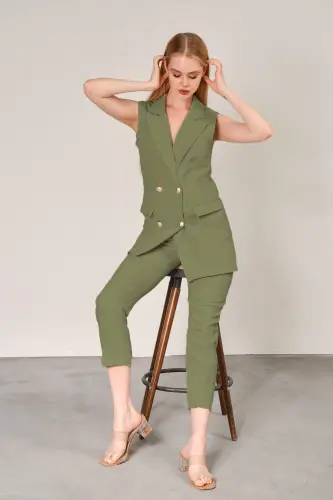 Khaki Blazer Vest Straight Leg Pants Atlas Fabric Suit-Khaki - DIAVES (1)