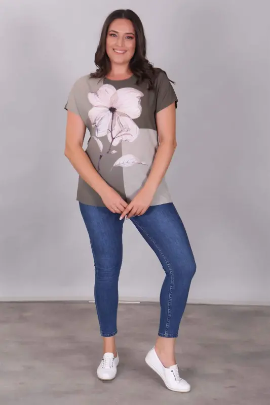 Khaki Blouse with Clover Pattern and Drop Shoulder - 1