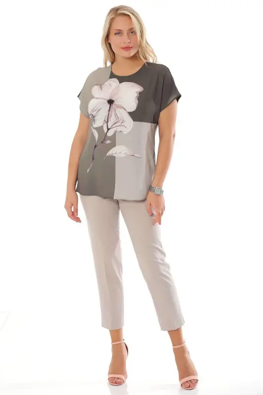 Khaki Blouse with Clover Pattern and Drop Shoulder - 5