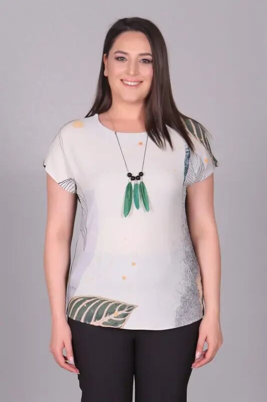 Khaki Blouse with Leaf Pattern and Low Sleeve - 1