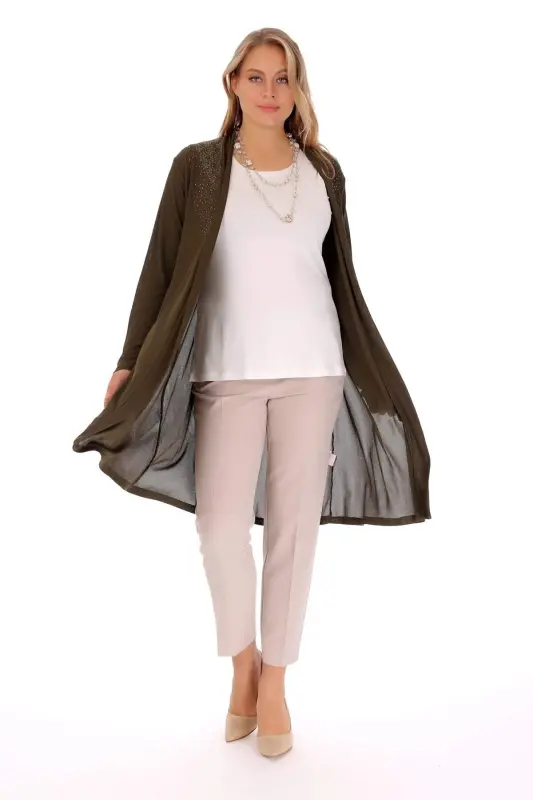 Khaki Cardigan with Lace on Front and Back Yoke - 2