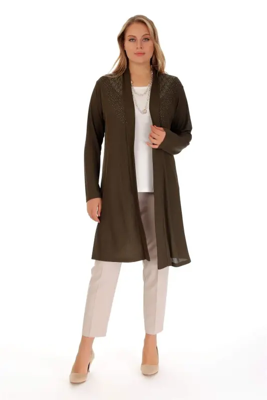 Khaki Cardigan with Lace on Front and Back Yoke - 7