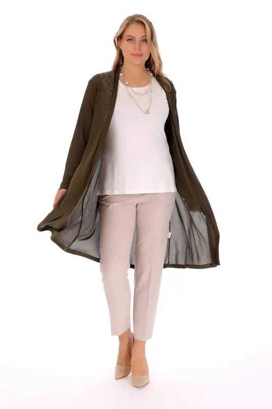 Khaki Cardigan with Lace on Front and Back Yoke - 15