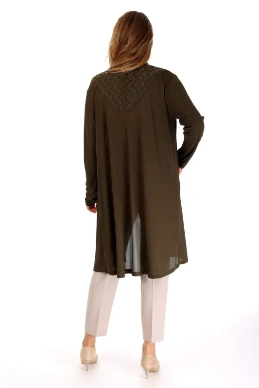 Khaki Cardigan with Lace on Front and Back Yoke - 18