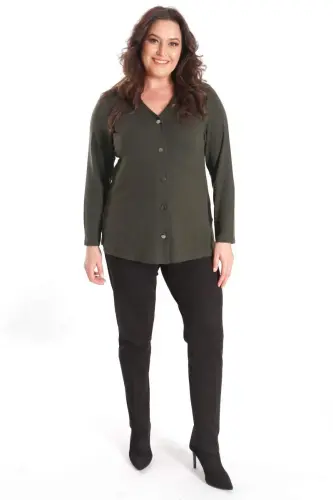 Khaki Cardigan with Snap Buttons in Plus Size - BÜYÜKBEDENIZ (1)