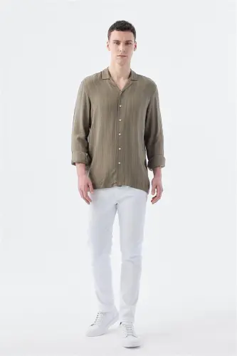 Khaki Classic Fit Apache Collar Striped 100% Cotton Bohemian Shirt - JAKAMEN (1)