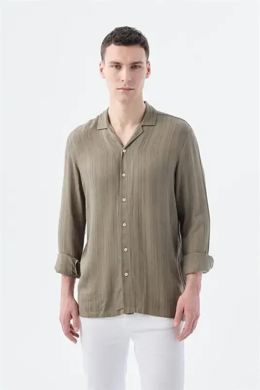 Khaki Classic Fit Apache Collar Striped 100% Cotton Bohemian Shirt - 1