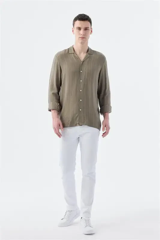 Khaki Classic Fit Apache Collar Striped 100% Cotton Bohemian Shirt - 2
