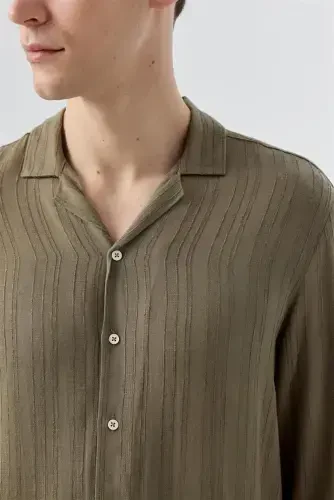 Khaki Classic Fit Apache Collar Striped 100% Cotton Bohemian Shirt - 3