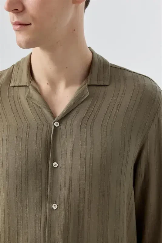 Khaki Classic Fit Apache Collar Striped 100% Cotton Bohemian Shirt - 3