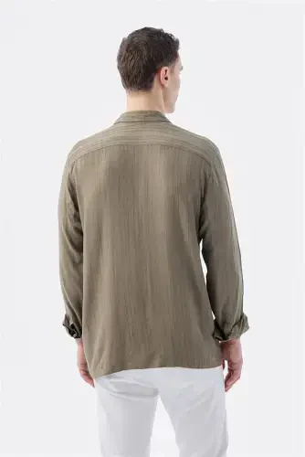 Khaki Classic Fit Apache Collar Striped 100% Cotton Bohemian Shirt - 4