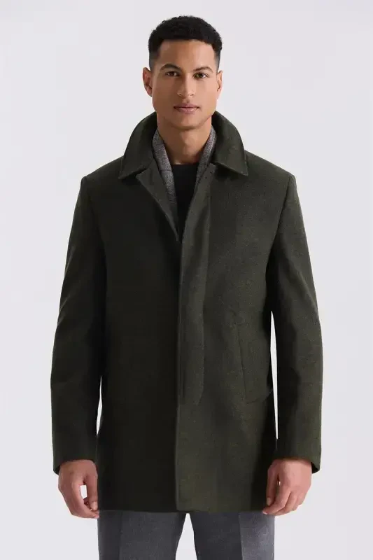 Khaki Classic Fit Band Collar Wool Cashmere Coat - 1